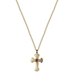 18K Gold Rosary Cross Pendant with Ruby