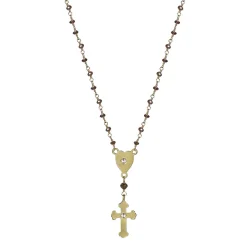 18K Gold Rosary Heart and Cross on Brown Diamond Chain