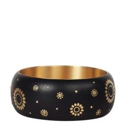 18K Gold Wide Ebony Bangle with Inlaid Gold Flowers and Diamonds