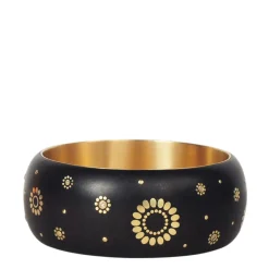 18K Gold Wide Ebony Bangle with Inlaid Gold Flowers and Diamonds