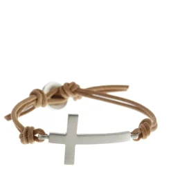 Men's Sterling Silver Cross Bracelet on Natural Leather