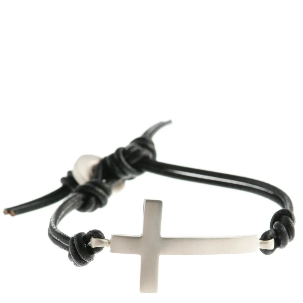 Men's Sterling Silver Cross Bracelet on Black Leather