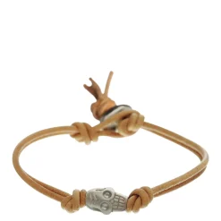 Men's Sterling Silver Single Large Skull Bracelet on Natural Leather Cord with Button Closure