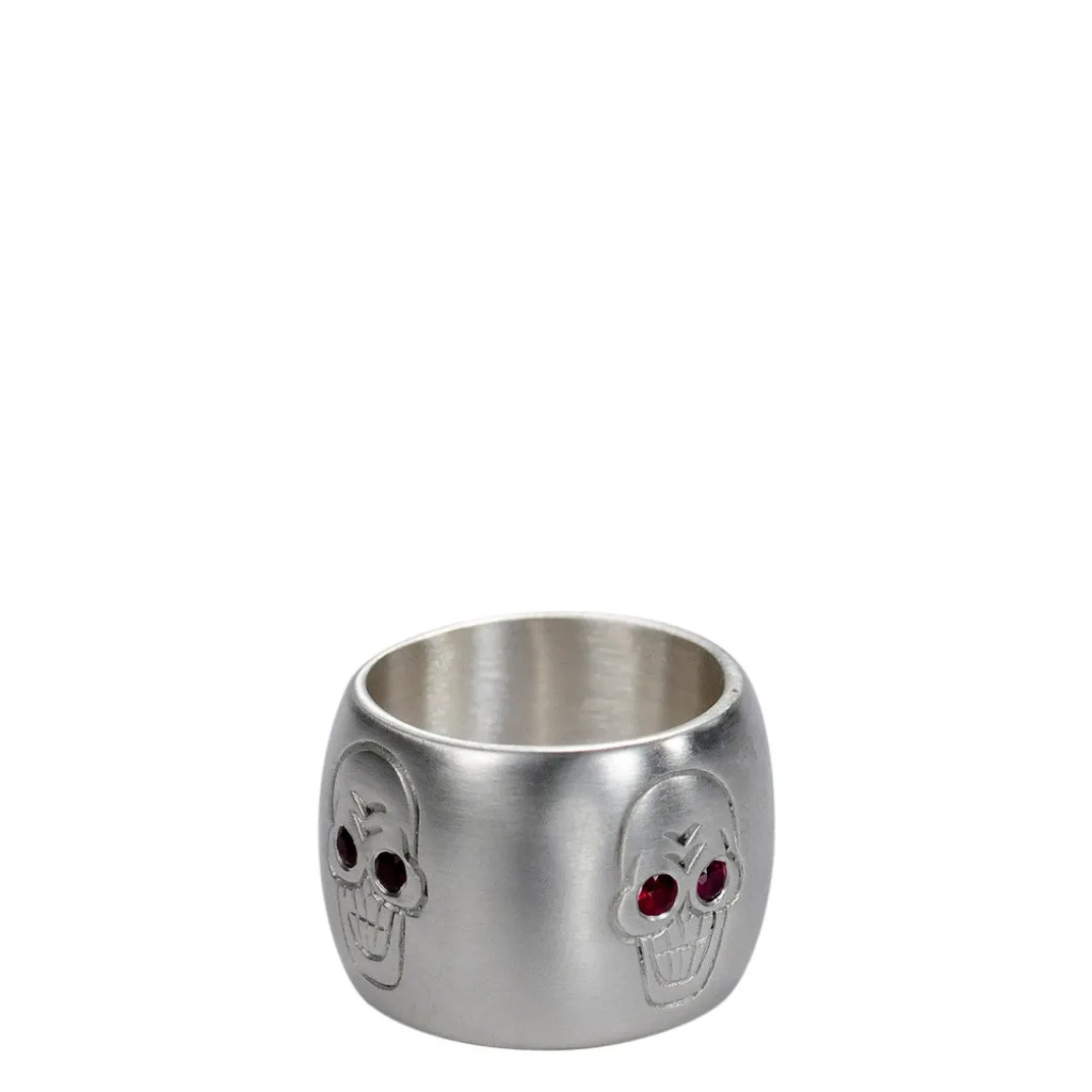 Men's Sterling Silver Wide Skull Band with Ruby Eyes