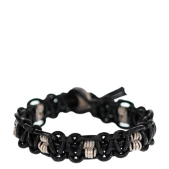 Sterling Silver Woven Black Leather Bracelet with Button